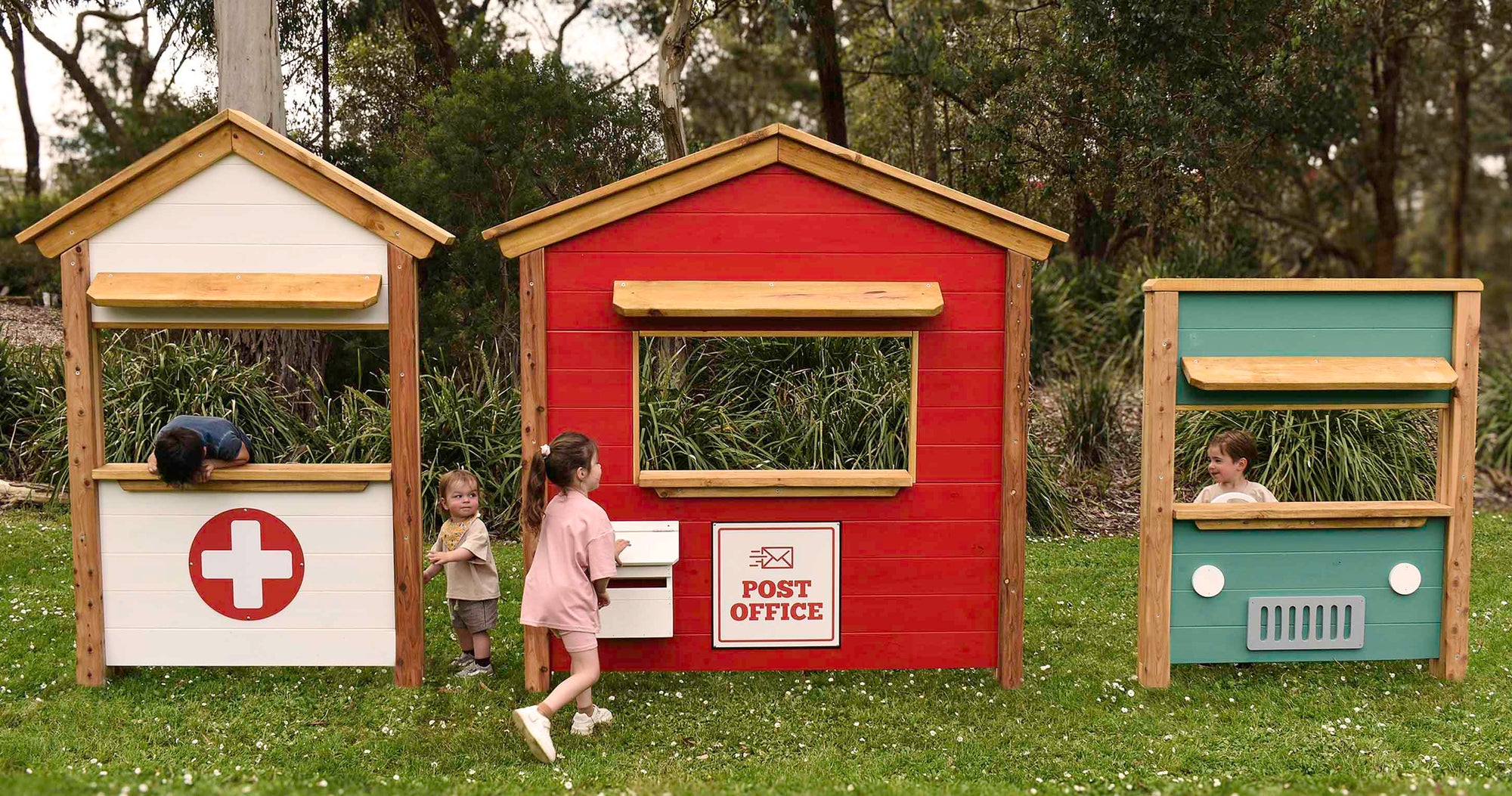Kids imagination play in Shop Front Cubby Houses. Built for primary schools, childcare and council spaces.