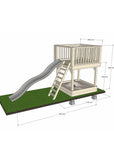 Wooden platform 1800 x 1800mm size with slide, sandpit, and dimensions