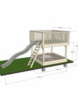 Wooden platform 2400 x 2400mm size with slide, sandpit, and dimensions