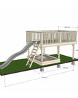Wooden platform 2400 x 3600mm size with slide, sandpit, and dimensions