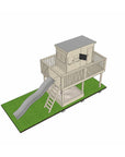 Wooden platform with midi rectangle treehouse and slide and sandpit