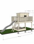 Natural timber platform with midi rectangle treehouse slide and sandpit and dimensions