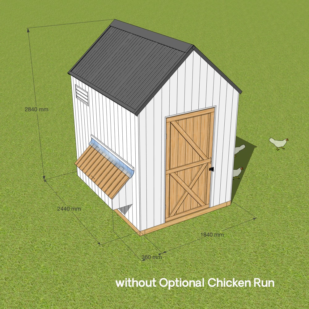 Dimensioned CAD image of a large white barn style chicken coop 2840mm high, 2440mm deep and 1840mm wide