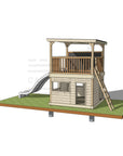 Wooden cubby house with platform on roof and ladder and double slide
