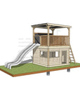 Wooden cubby house with platform on roof and double slide
