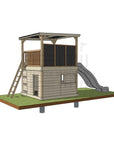 Pine timber cubby house with platform on roof, slide, and chalkboard