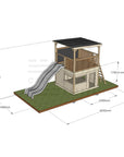 Timber cubby house with roof platform and slide and dimensions