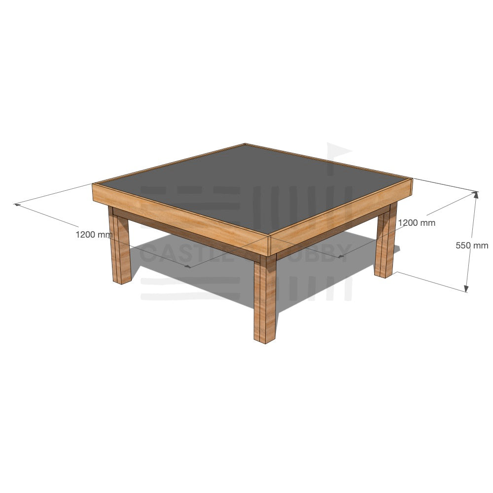 Timber multipurpose chalkboard drawing table 1200 x 1200mm and 550mm height with dimensions
