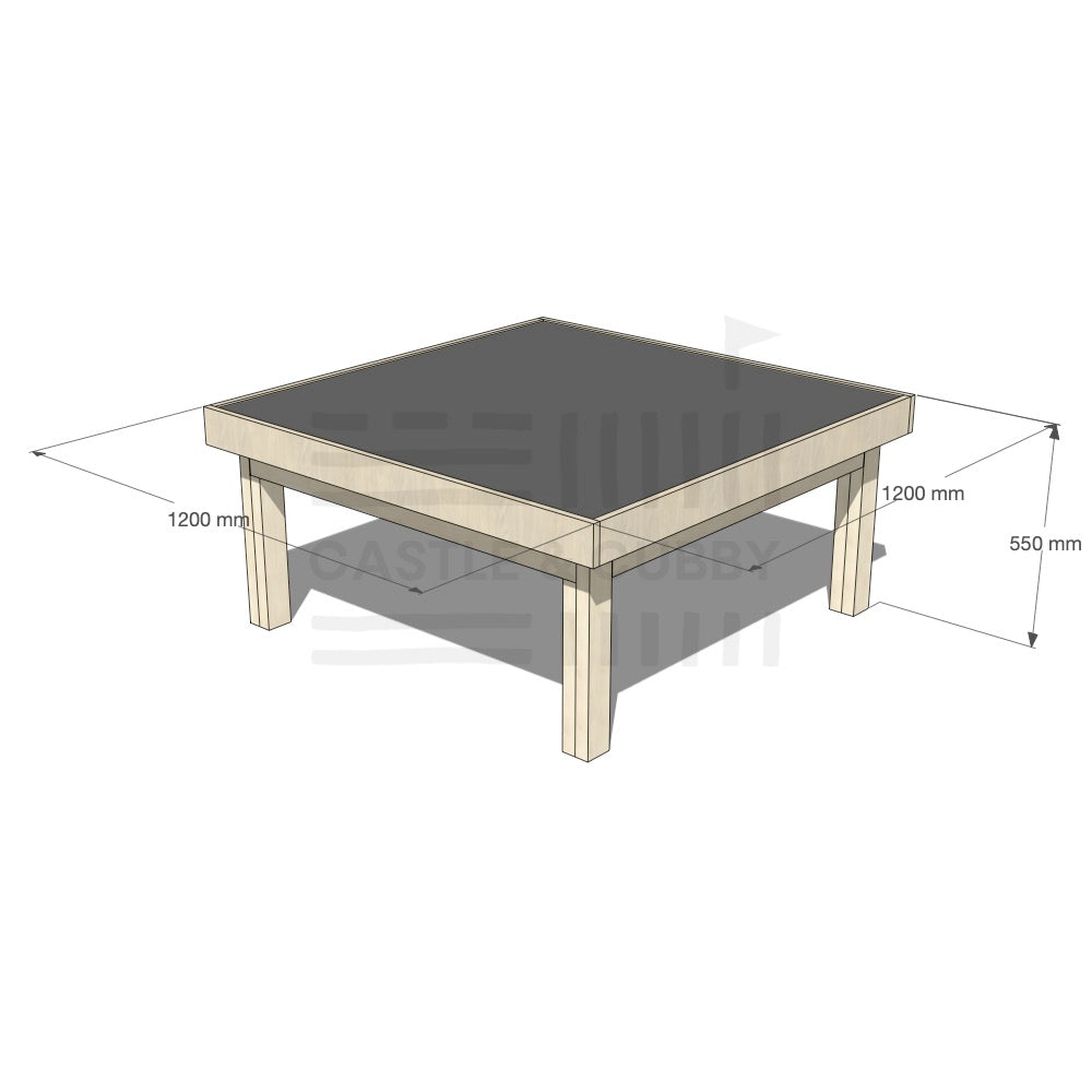 Pine wooden multipurpose chalkboard drawing table 1200 x 1200mm and 550mm height with dimensions