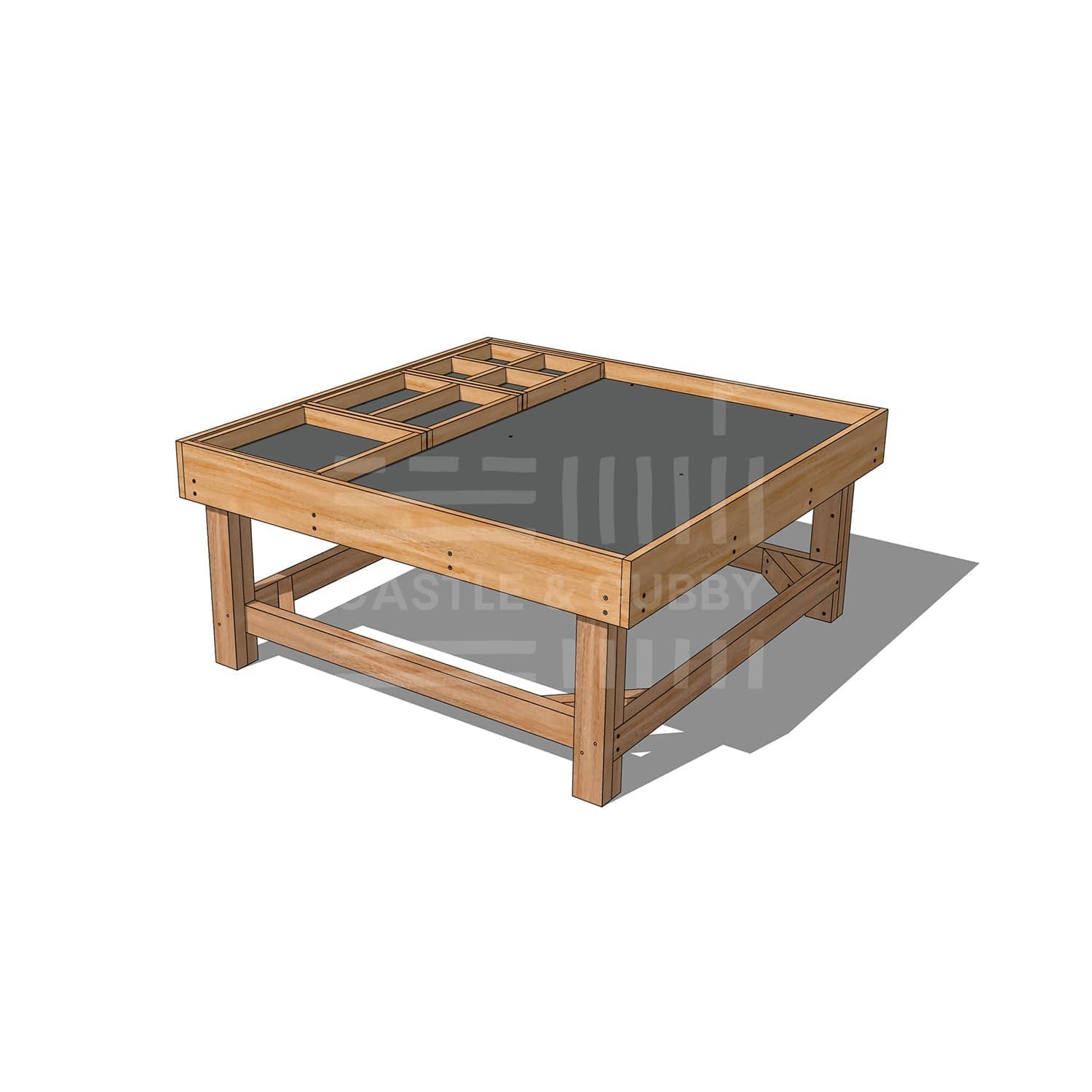 CAD rendering of Small Exploration & Loose Parts Table for ELCs, made of Thermory timber with a chalkboard tabletop and dividers.