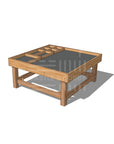 CAD rendering of Small Exploration & Loose Parts Table for ELCs, made of Thermory timber with a chalkboard tabletop and dividers.