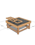 CAD rendering of Exploration & Loose Parts Table for ELCs, 1200x1200x550mm, with Thermory timber, chalkboard top, and dividers.