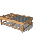 CAD rendering of Medium Exploration & Loose Parts Table for ELCs, made of Thermory timber with a chalkboard tabletop and dividers.