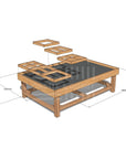 CAD rendering of Exploration & Loose Parts Table for ELCs, 1200x1800x550mm, with Thermory timber, chalkboard top, and dividers.