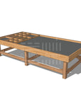 CAD rendering of Large Exploration & Loose Parts Table for ELCs, made of Thermory timber with a chalkboard tabletop and dividers.