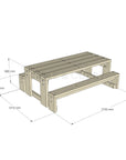 CAD image of timber outdoor table dimensions for educational settings