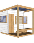 Left hand CAD image of modern cubby house painted white with verandah, open window, and timber door