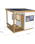 CAD image of modern cubby house painted white with dimensions of 1800mm wide, 2370mm deep and 2100mm high