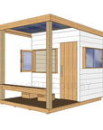 Right hand CAD image of modern cubby house painted white with verandah, open window, and timber door
