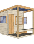 Left hand CAD image of modern cubby house, raw with verandah, open window, and timber door