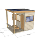CAD image of modern cubby house in raw finish with dimensions of 1800mm wide, 2370mm deep and 2100mm high