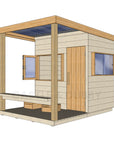 Right hand CAD image of modern cubby house, raw with verandah, open window, and timber door