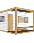 Left hand CAD image of modern cubby house painted white with verandah, open window, and timber door