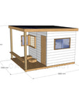 CAD image of modern cubby house painted white with dimensions of 2390mm wide, 3000mm deep and 2090mm high