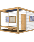Right hand CAD image of modern cubby house painted white with verandah, open window, and timber door