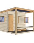 Left hand CAD image of modern cubby house, raw with verandah, open window, and timber door