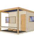 Right hand CAD image of modern cubby house, raw with verandah, open window, and timber door