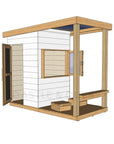 Left hand CAD image of modern cubby house painted white with verandah, open window, and timber door
