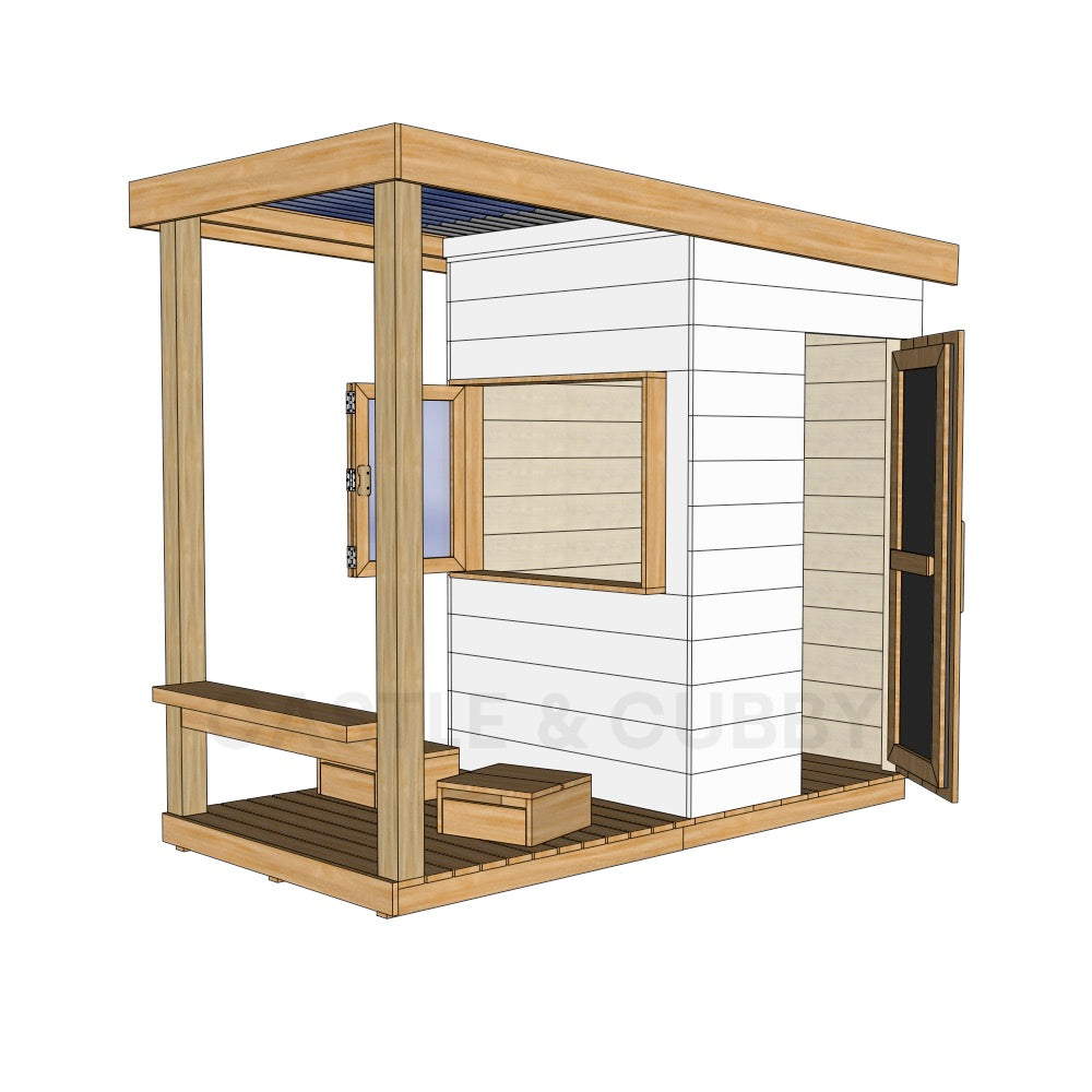 Right hand CAD image of modern cubby house painted white with verandah, open window, and timber door