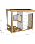 CAD image of modern cubby house painted white with dimensions of 1200mm wide, 2370mm deep and 2100mm high