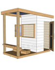 Right hand CAD image of modern cubby house painted white with verandah, open window, and timber door