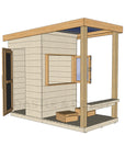 Left hand CAD image of modern cubby house, raw with verandah, open window, and timber door