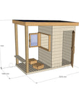 CAD image of modern cubby house in raw finish with dimensions of 1200mm wide, 2370mm deep and 2100mm high