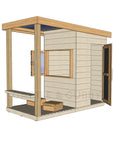 Right hand CAD image of modern cubby house, raw with verandah, open window, and timber door