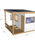 CAD image of modern cubby house painted white with dimensions of 2400mm wide, 2400mm deep and 2100mm high