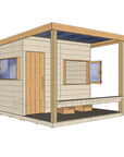 Left hand CAD image of modern cubby house, raw with verandah, open window, and timber door
