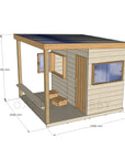 CAD image of modern cubby house in raw finish with dimensions of 2400mm wide, 2400mm deep and 2100mm high