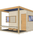 Right hand CAD image of modern cubby house, raw with verandah, open window, and timber door
