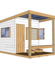 Left hand CAD image of modern cubby house painted white with verandah, open window, and timber door