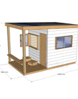 CAD image of modern cubby house painted white with dimensions of 1800mm wide, 3000mm deep and 2090mm high