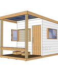 Right hand CAD image of modern cubby house painted white with verandah, open window, and timber door