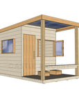 Left hand CAD image of modern cubby house, raw with verandah, open window, and timber door