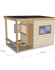 CAD image of modern cubby house in raw finish with dimensions of 1800mm wide, 3000mm deep and 2090mm high