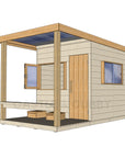Right hand CAD image of modern cubby house, raw with verandah, open window, and timber door