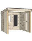Raw wooden shelter shed without floor plus blackboard and open front for high visibility