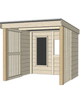Raw pine cubby shelter without floor, plus window and open front for good supervision